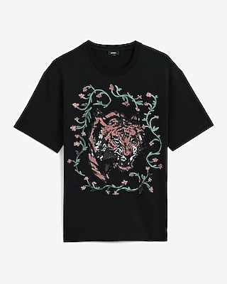 Classic Fit Premium Weight Floral Tiger Black Graphic T-Shirt