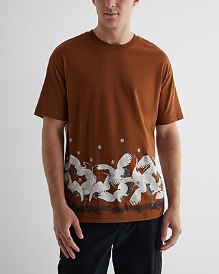 Relaxed Crane Print Perfect Pima Cotton T-Shirt Brown Men's M Tall