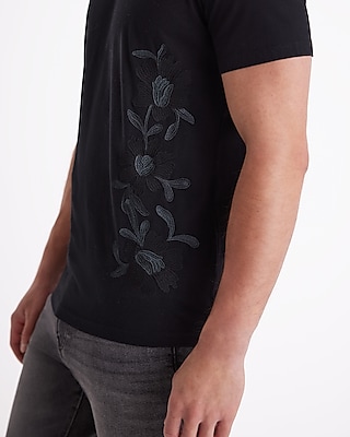 Tonal Embroidered Floral Graphic Perfect Pima Cotton T-Shirt Black Men's