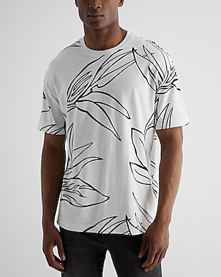 Relaxed Leaf Print Perfect Pima Cotton Crew Neck T-Shirt White Men's XS