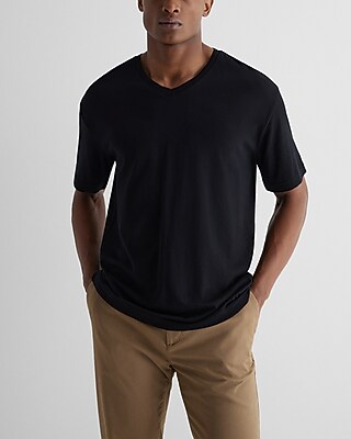 Relaxed Solid Perfect Pima Cotton Ribbed V-Neck T-Shirt Black Men's S