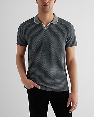 Tipped Geo Johnny Collar Luxe Pique Polo Black Men's XL Tall