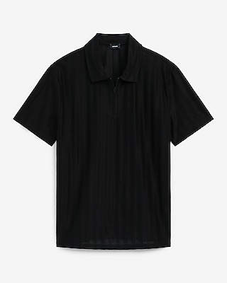 Textured Striped Cotton-Blend Quarter Zip Polo