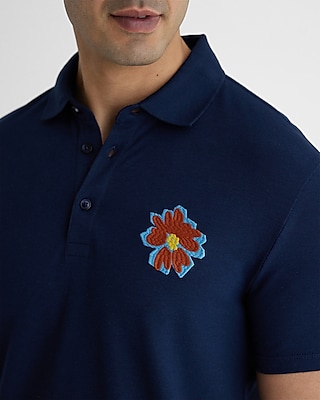 Big & Tall Embroidered Floral Graphic Luxe Pique Polo Blue Men's XXL