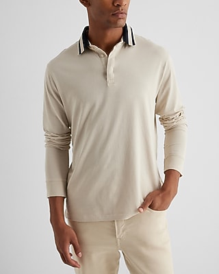 Striped Collar Perfect Pima Cotton Long Sleeve Polo Neutral Men's S