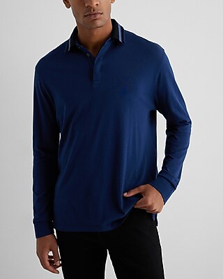 Striped Collar Perfect Pima Cotton Long Sleeve Polo Blue Men's XXL Tall