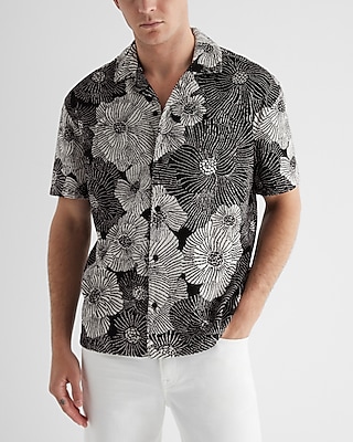 Relaxed Floral Terry Cotton-Blend Short Sleeve Polo Black Men's M Tall