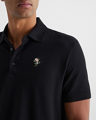Big & Tall Embroidered Floral Luxe Pique Polo Black Men's XXL