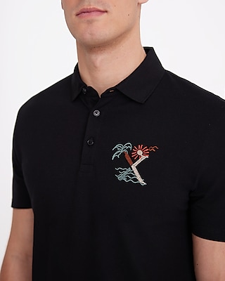 Tropical Embroidered X-Logo Graphic Luxe Pique Polo Black Men's XL
