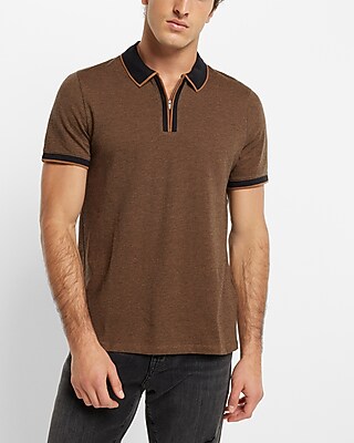 Tipped Contrast Collar Jacquard Zip Polo Brown Men's XL