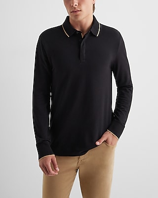 Tipped Collar Long Sleeve Pique Polo Black Men's L