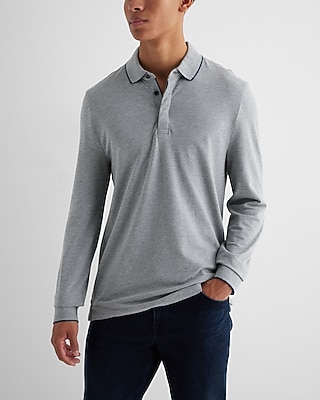 Tipped Collar Long Sleeve Pique Polo Gray Men's M
