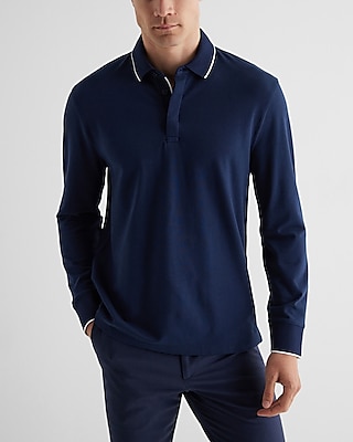 Tipped Collar Long Sleeve Pique Polo Blue Men's S