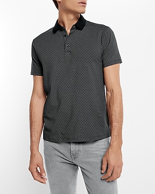 Geo Print Contrast Collar Moisture-Wicking Performance Polo Black Men's XS