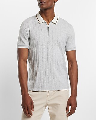 Ribbed Knit Contrast Collar Zip Polo