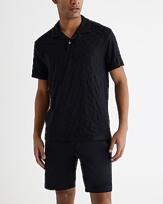 Textured Checkered Cotton-Blend Jacquard Polo Black Men's L