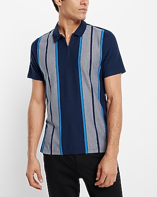 Striped Luxe Pique Zip Polo Blue Men's XL