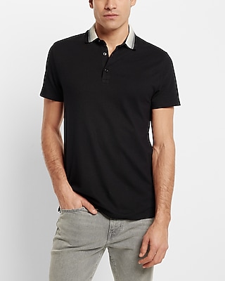 Striped Flat Knit Collar Luxe Pique Polo Black Men's S