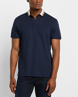 Striped Flat Knit Collar Luxe Pique Polo Blue Men's XS