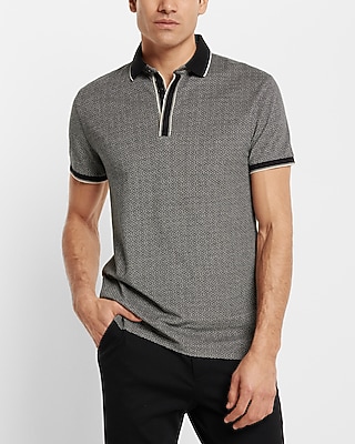 Diamond Print Tipped Collar Jacquard Polo Black Men's XL