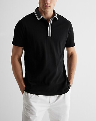 Stripe Tipped Collar Luxe Pique Polo Black Men's S