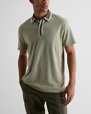 Stripe Tipped Collar Luxe Pique Polo Green Men's S