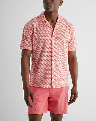 Geo Print Terry Cloth Button Down Polo