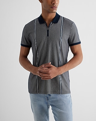 Striped Stretch Cotton Zip Polo Blue Men's S