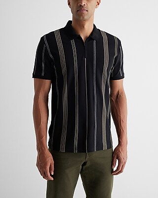 Multi Stripe Luxe Pique Zip Polo Black Men's M Tall