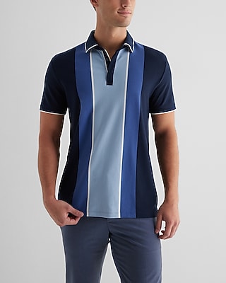 Tipped Multi Stripe Luxe Pique Polo Blue Men's L Tall