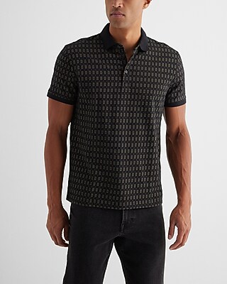 Square Geo Cotton-Blend Jacquard Polo Black Men's XS