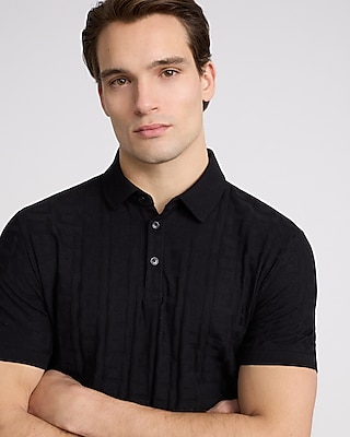 Textured Geo Cotton-Blend Jacquard Polo Black Men's L Tall