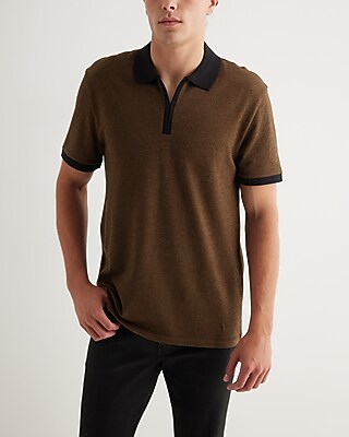 Houndstooth Cotton-Blend Jacquard Zip Polo Brown Men's XL
