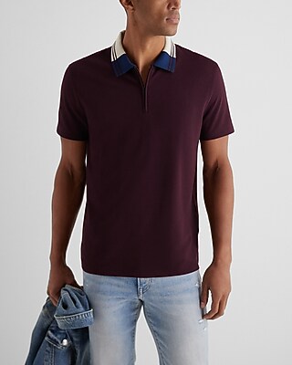 Striped Collar Luxe Pique Zip Polo Purple Men's XL
