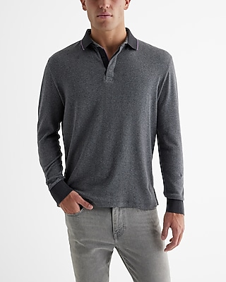 Herringbone Cotton Jacquard Long Sleeve Polo Gray Men's M Tall