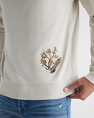 Embroidered Bird Graphic Long Sleeve Crew Neck T-Shirt Neutral Men's L Tall