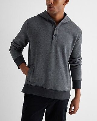 Waffle Knit Henley Hoodie Gray Men's L