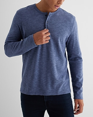 Double Knit Cotton-Blend Long Sleeve Henley Blue Men's M Tall