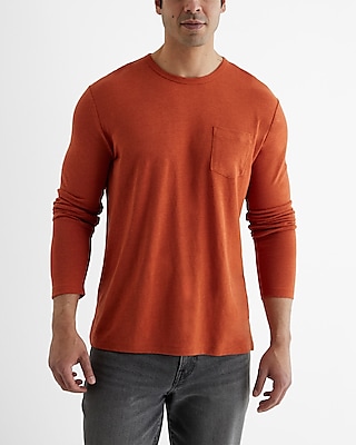 Linen-Blend Pocket Crew Neck Long Sleeve T-Shirt Orange Men's L