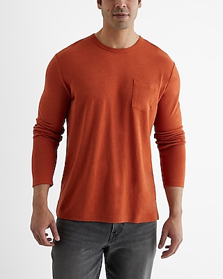 Linen-Blend Pocket Crew Neck Long Sleeve T-Shirt Orange Men's XS