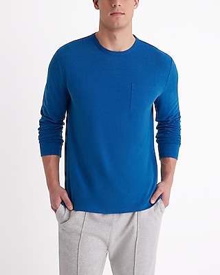 Linen-Blend Pocket Crew Neck Long Sleeve T-Shirt Blue Men's L
