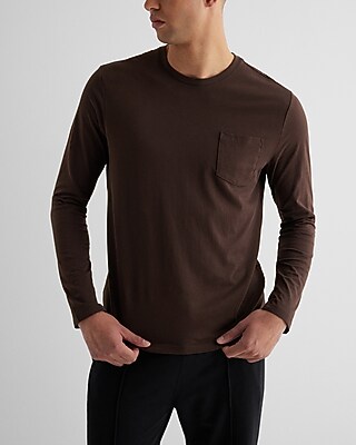 Pocket Crew Neck Perfect Pima Cotton Long Sleeve T-Shirt Brown Men's XL Tall