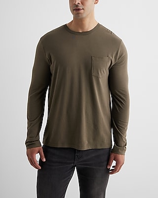 Pocket Crew Neck Perfect Pima Cotton Long Sleeve T-Shirt Green Men's M Tall