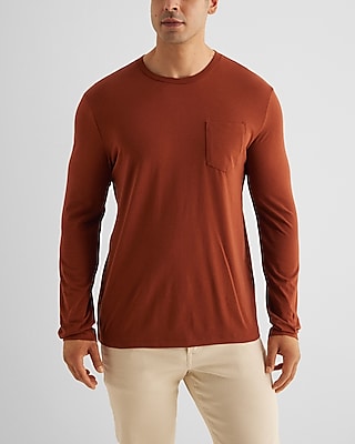 Pocket Crew Neck Perfect Pima Cotton Long Sleeve T-Shirt Brown Men's S