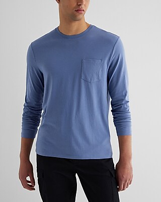 Big & Tall Pocket Crew Neck Perfect Pima Cotton Long Sleeve T-Shirt Blue Men's XXL