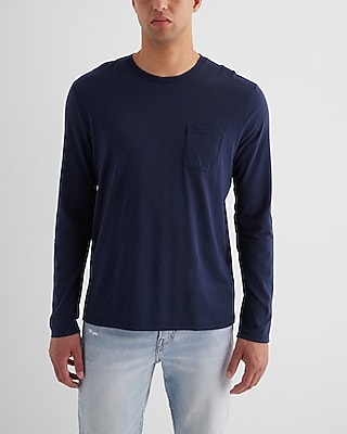 Pocket Crew Neck Perfect Pima Cotton Long Sleeve T-Shirt Blue Men's L Tall