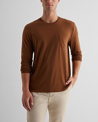 Pocket Crew Neck Perfect Pima Cotton Long Sleeve T-Shirt Brown Men's S