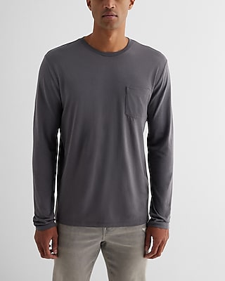 Big & Tall Pocket Crew Neck Perfect Pima Cotton Long Sleeve T-Shirt Gray Men's XXL
