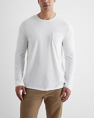Pocket Crew Neck Perfect Pima Cotton Long Sleeve T-Shirt White Men's XL Tall
