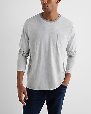 Contrast Collar Perfect Pima Cotton Long Sleeve T-Shirt  Gray Men's XL Tall